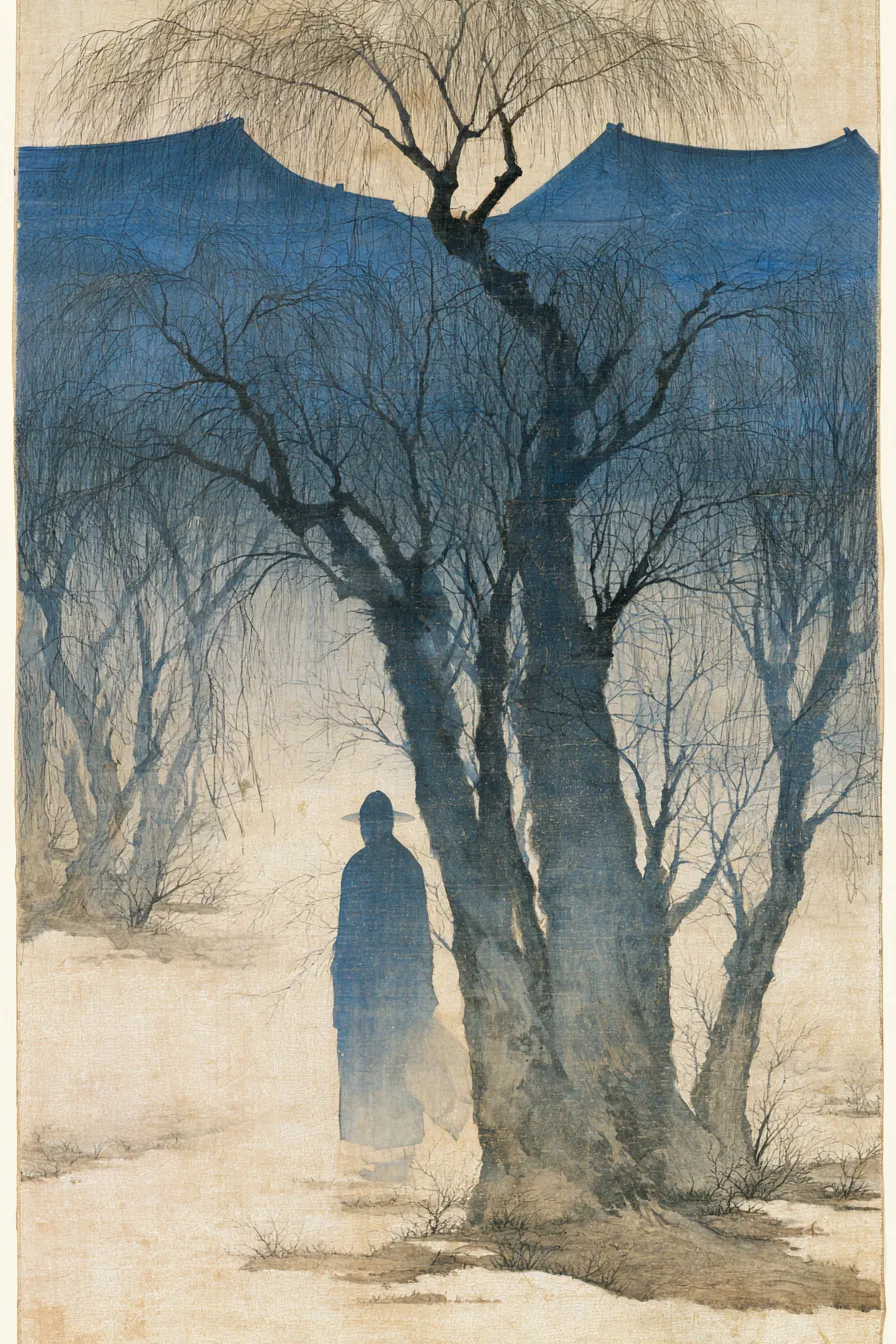 1623 Joseon, willow grove east of Geunjeongjeon at dusk: bare-branched willows in the third month snow-melt, palace eave