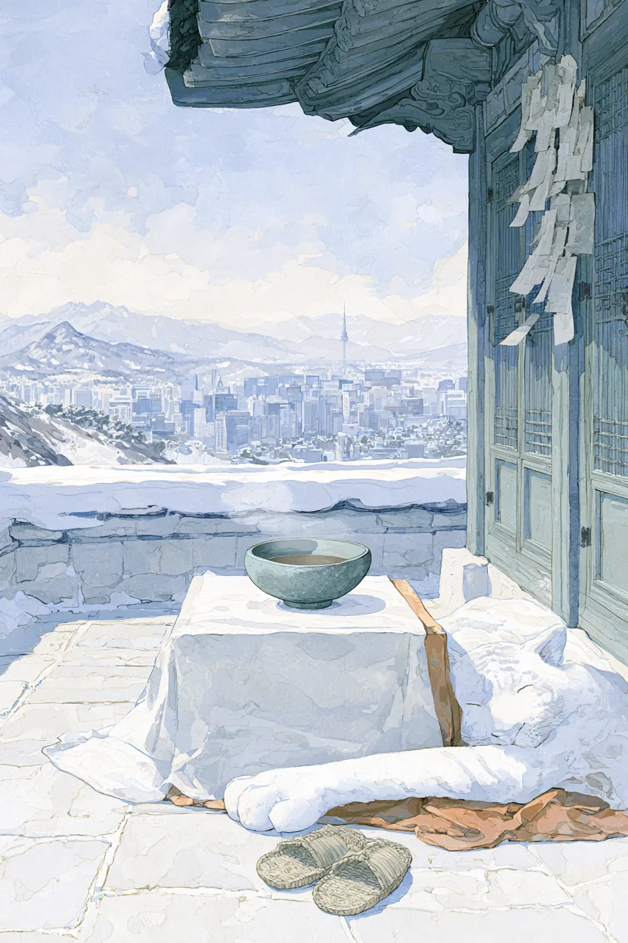 2026 Seoul, Inwangsan Guksadang shrine terrace at noon in early March: a small mountain-god altar draped in white and oc