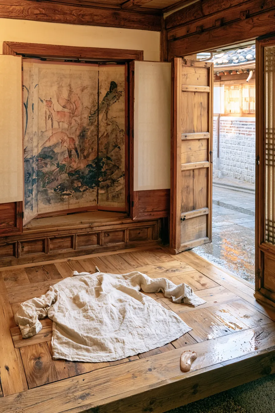 2026 Seoul, Bukchon Hanok Village wooden maru porch at pre-dawn: a man's oversized linen shirt — sleeves empty — left on