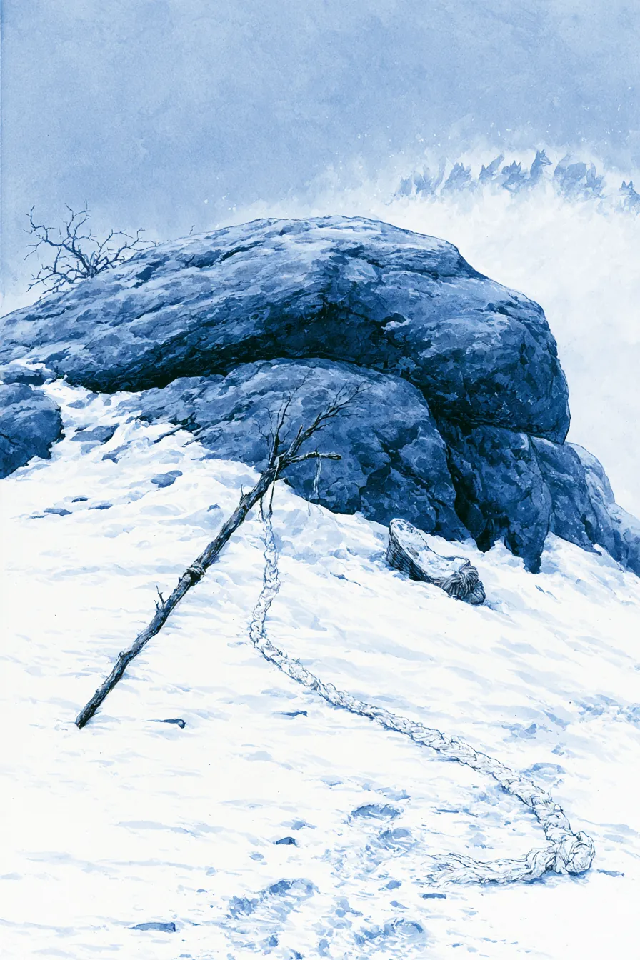 1623 Joseon, Inwangsan Seonbawi rocks at the death hour, late-winter snow: the great granite cap under a sky the color o