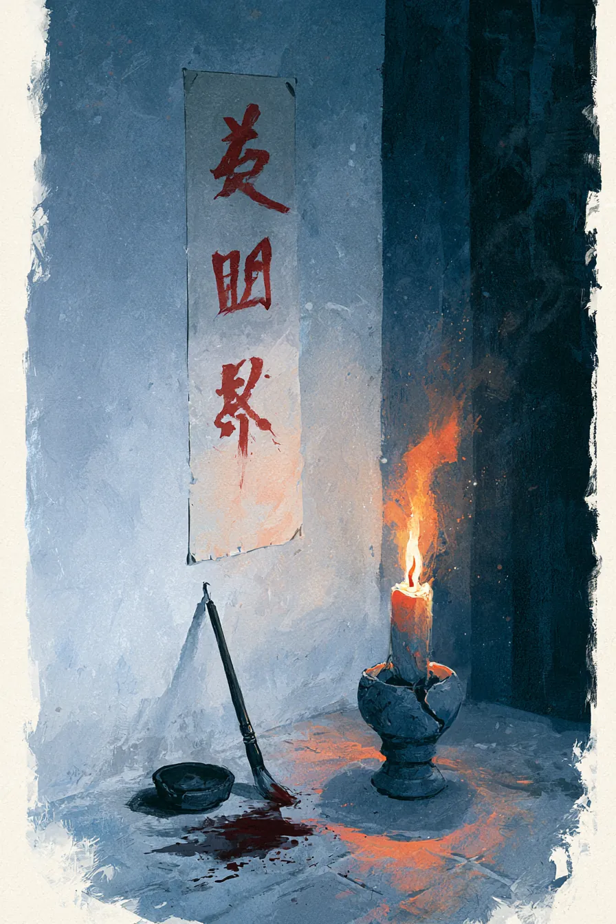 2026 Seoul, Seongbuk-dong safe house inner wall at evening, March 28: a single rectangular bujeok talisman pinned to the