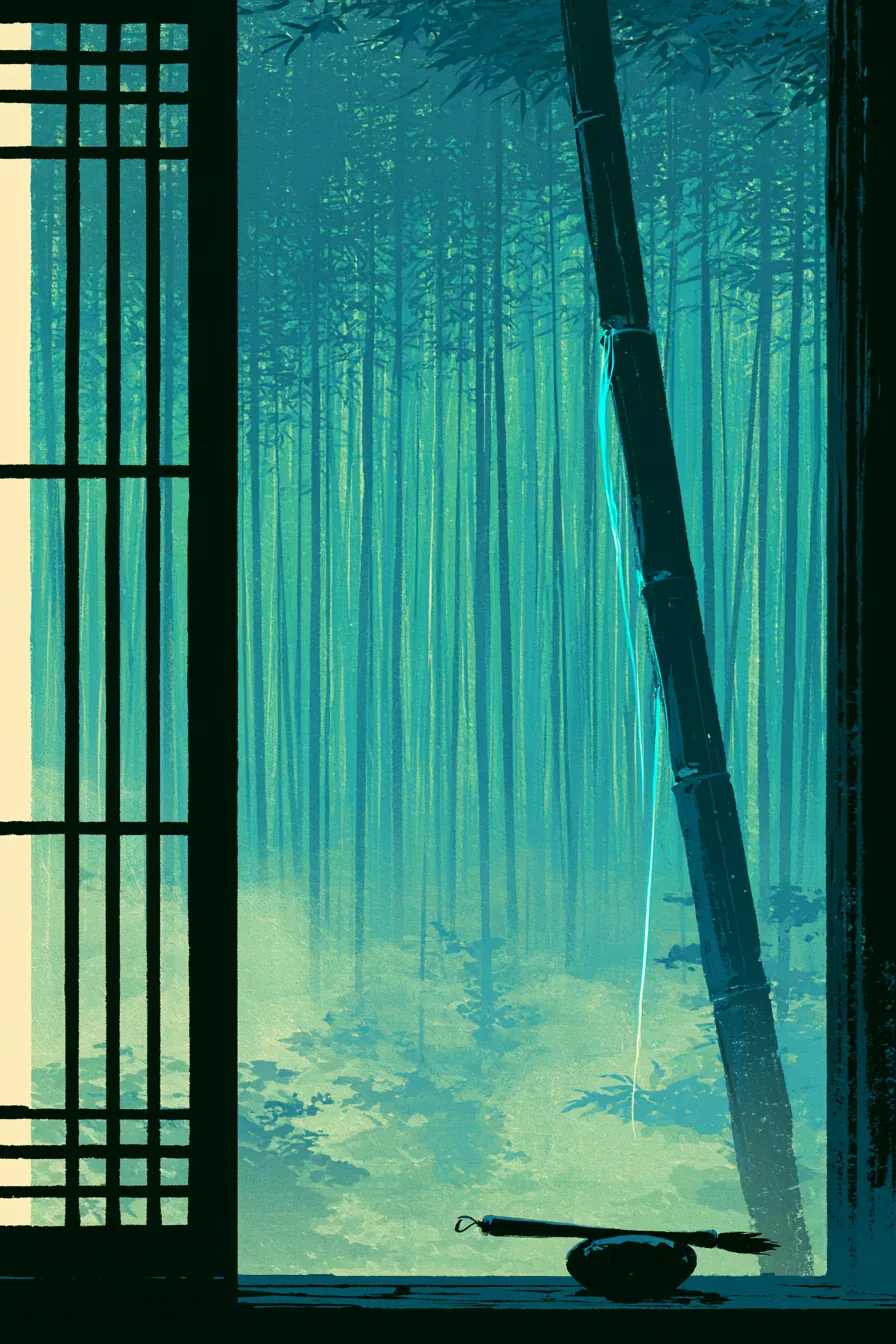 Cloudreed bamboo grove at dawn, a kilometer-tall green wall of stalks faintly humming in soft tide of green-keyed qi, mi