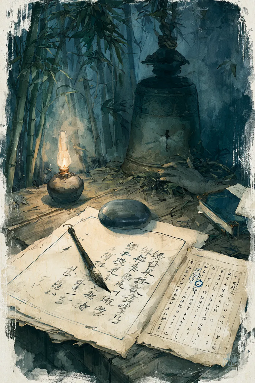 Lin Wei's cell at deep night, a low oil lamp burning on a pine-board desk, the copied page of Greenreed First Breath spr