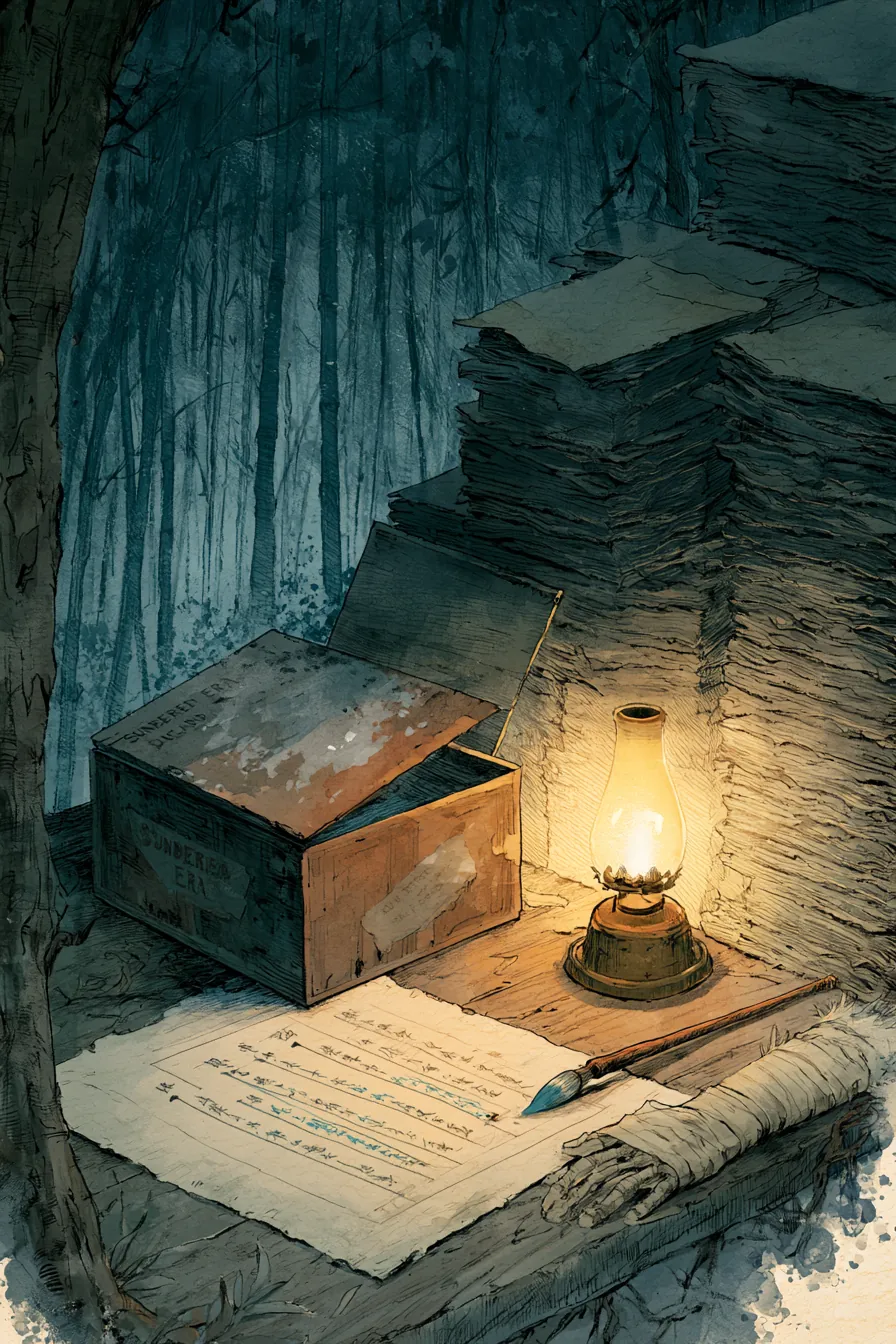The deep stacks of the Copyhouse at night under a low oil lamp, stack three's water-damaged box marked SUNDERED ERA — DI