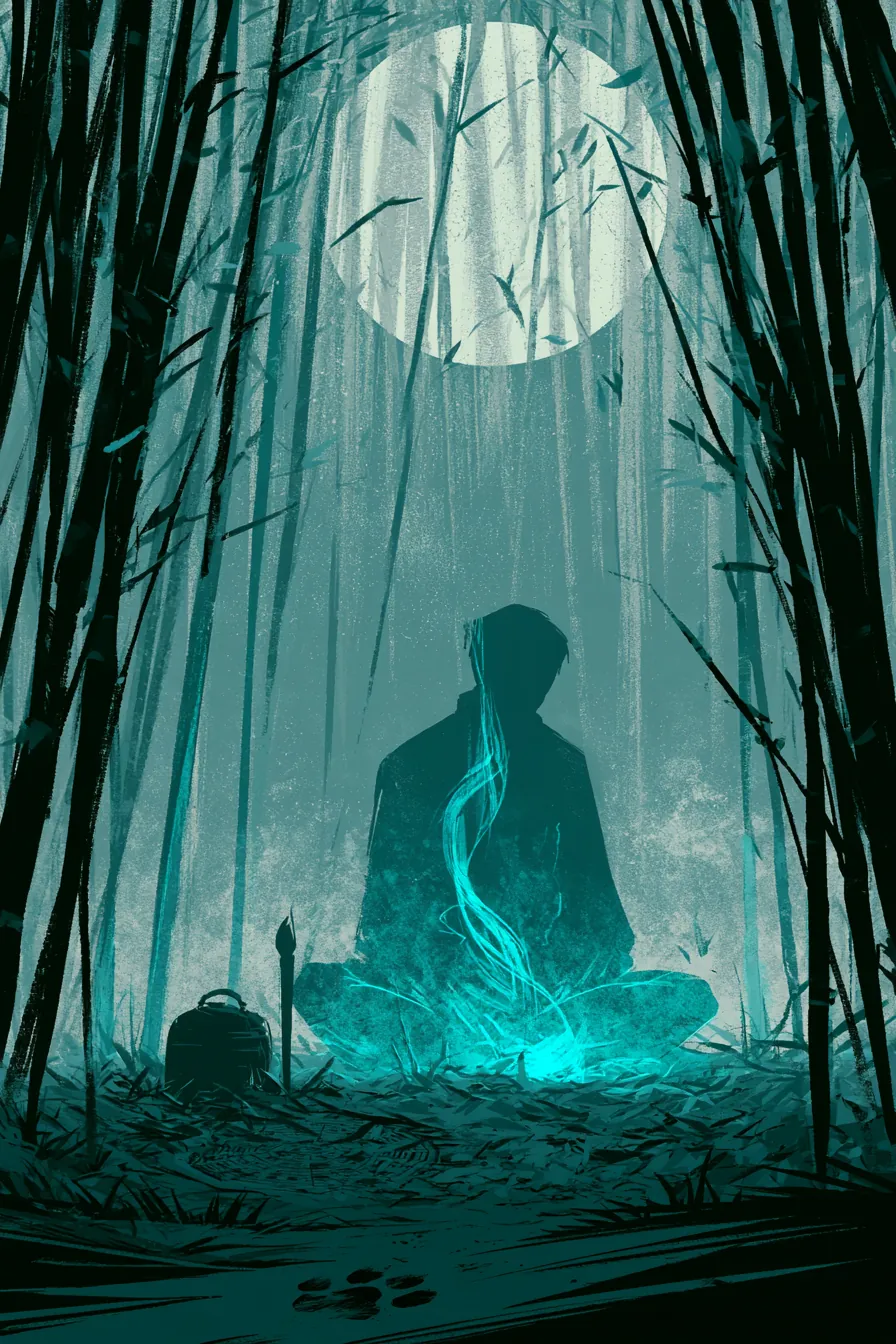Whispering Vale at midnight, bamboo stalks silvered by a half-moon, a single cultivator's seated posture traced in silho