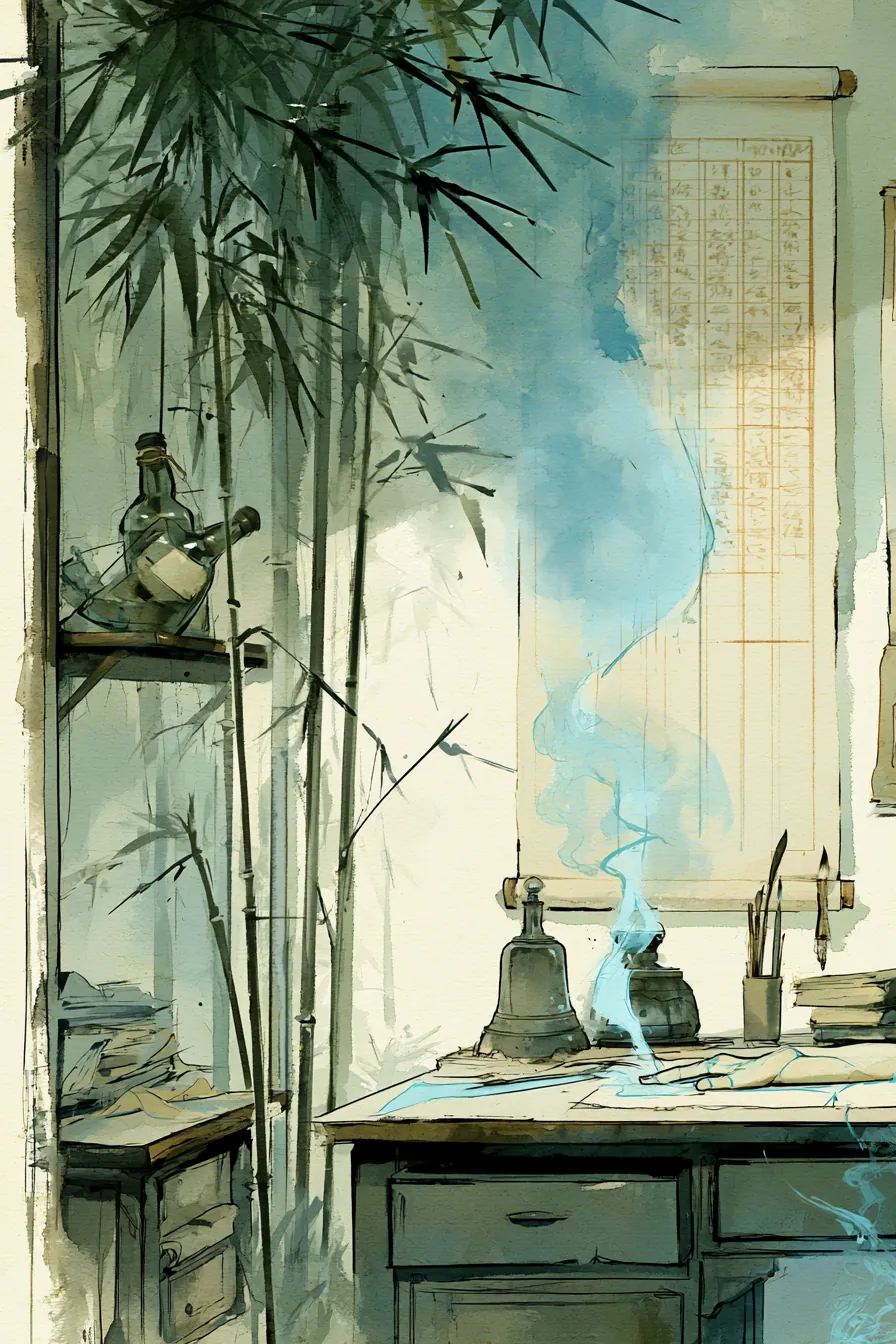 Yuan's closet office at evening, one liquor bottle uncorked and tilted sideways on the shelf — spent — Yuan's diagnostic