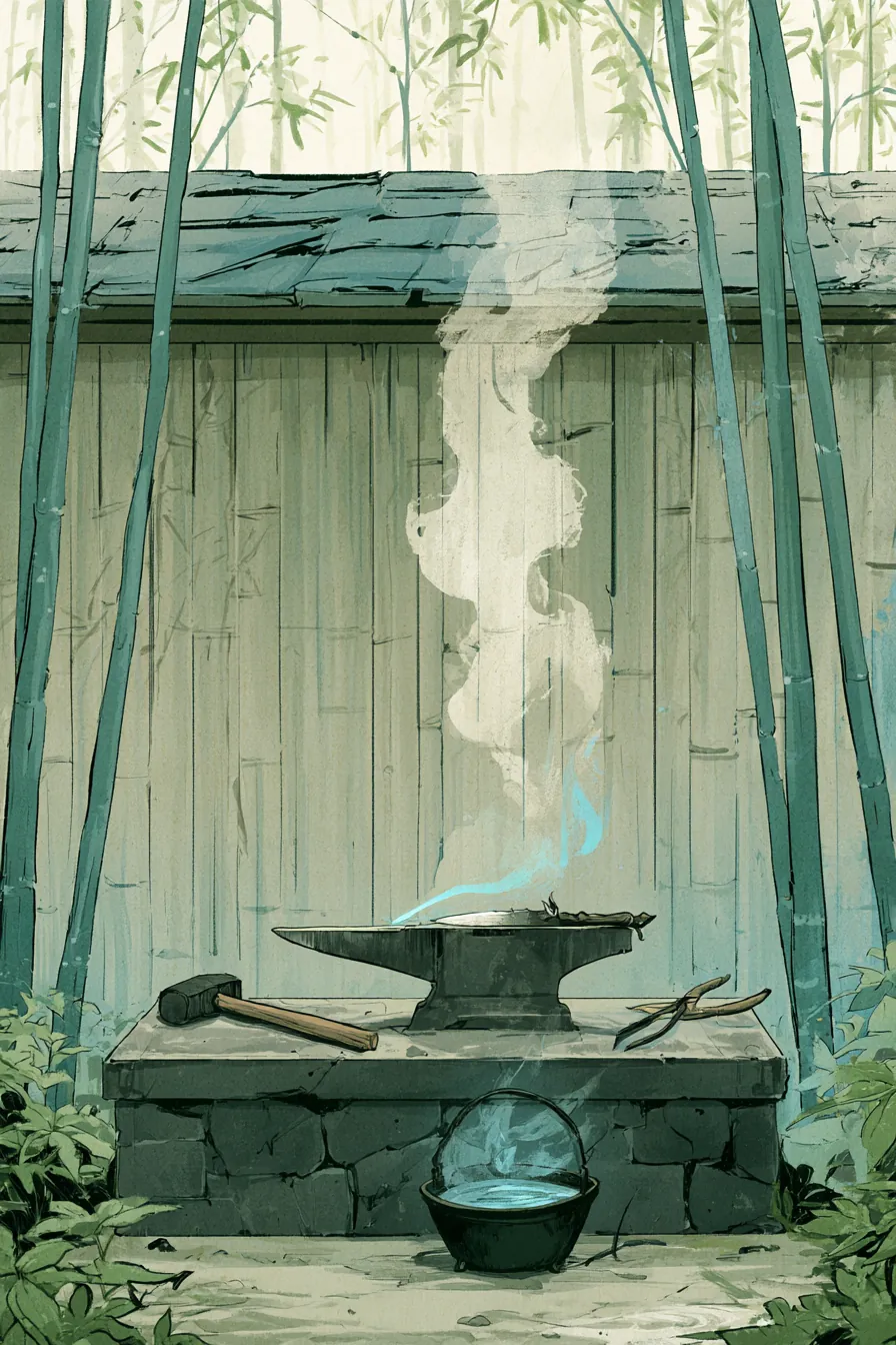 Tao Bing's smithing forge at the sect outer grounds, midday — a small gray-2 keyed knife cooling on the anvil with a sin