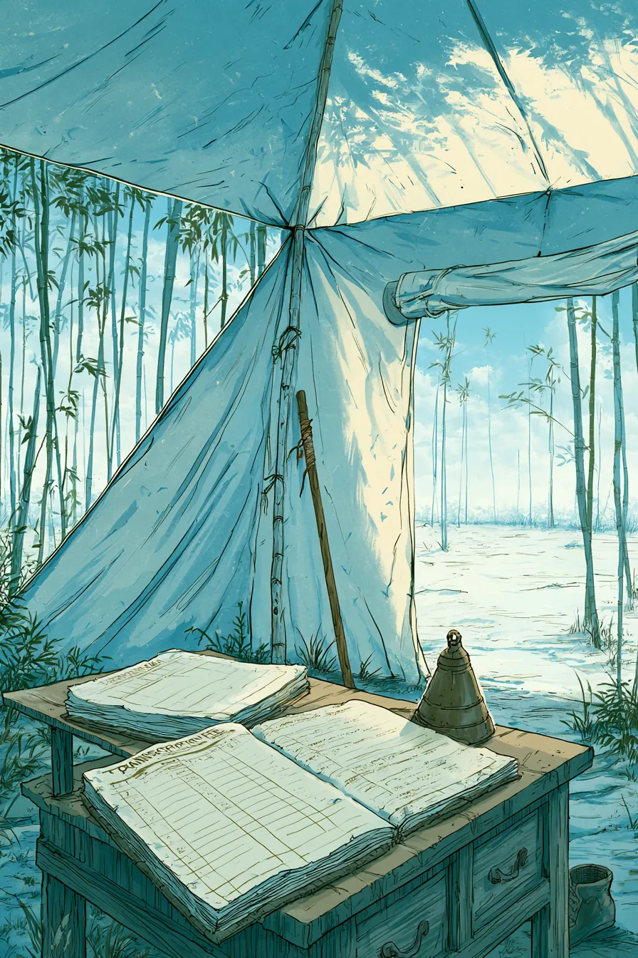 Captain Lu's tent-office at the training yard in harsh midday light, canvas ceiling casting flat shadow, a battered ledg