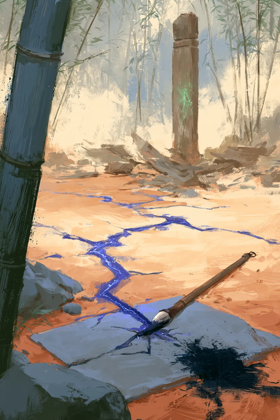 Outer disciple training yard at late morning, packed red-clay earth, a shattered practice post in the background with a 