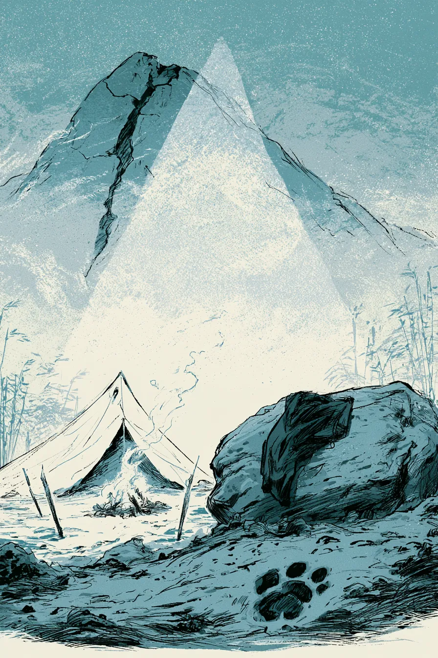The foot of Sundered Peak at dusk, three unfamiliar cultivators' camp rendered as iron tent-pegs driven into rocky soil,