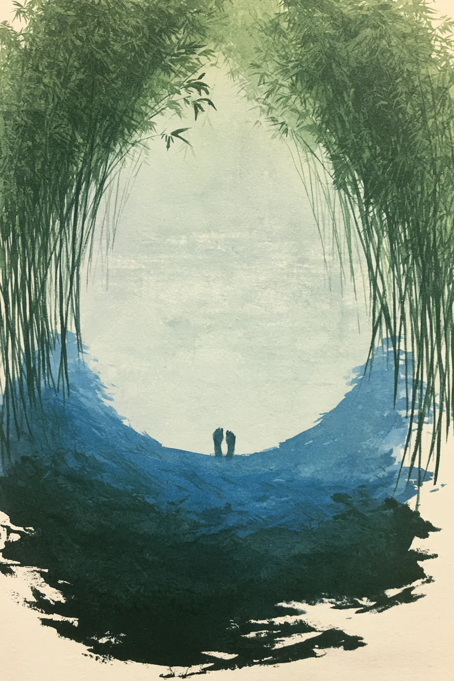 Whispering Vale at dawn, a ring of bamboo stalks all bowed slightly inward as if in audience, the valley floor's ambient