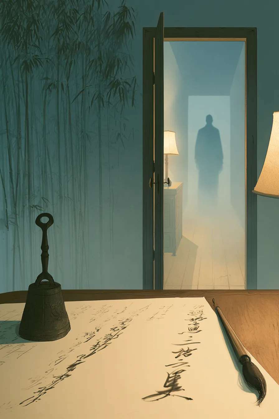 Lin Wei's inner-sect quarters at night, a new lacquered writing desk replacing the copyhouse pine board, the microtonal 