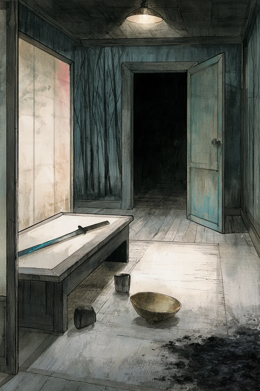 Lin Wei's inner-sect quarters at deep night, paper screen slid aside, the gray-2 sword First Listen lying across the des