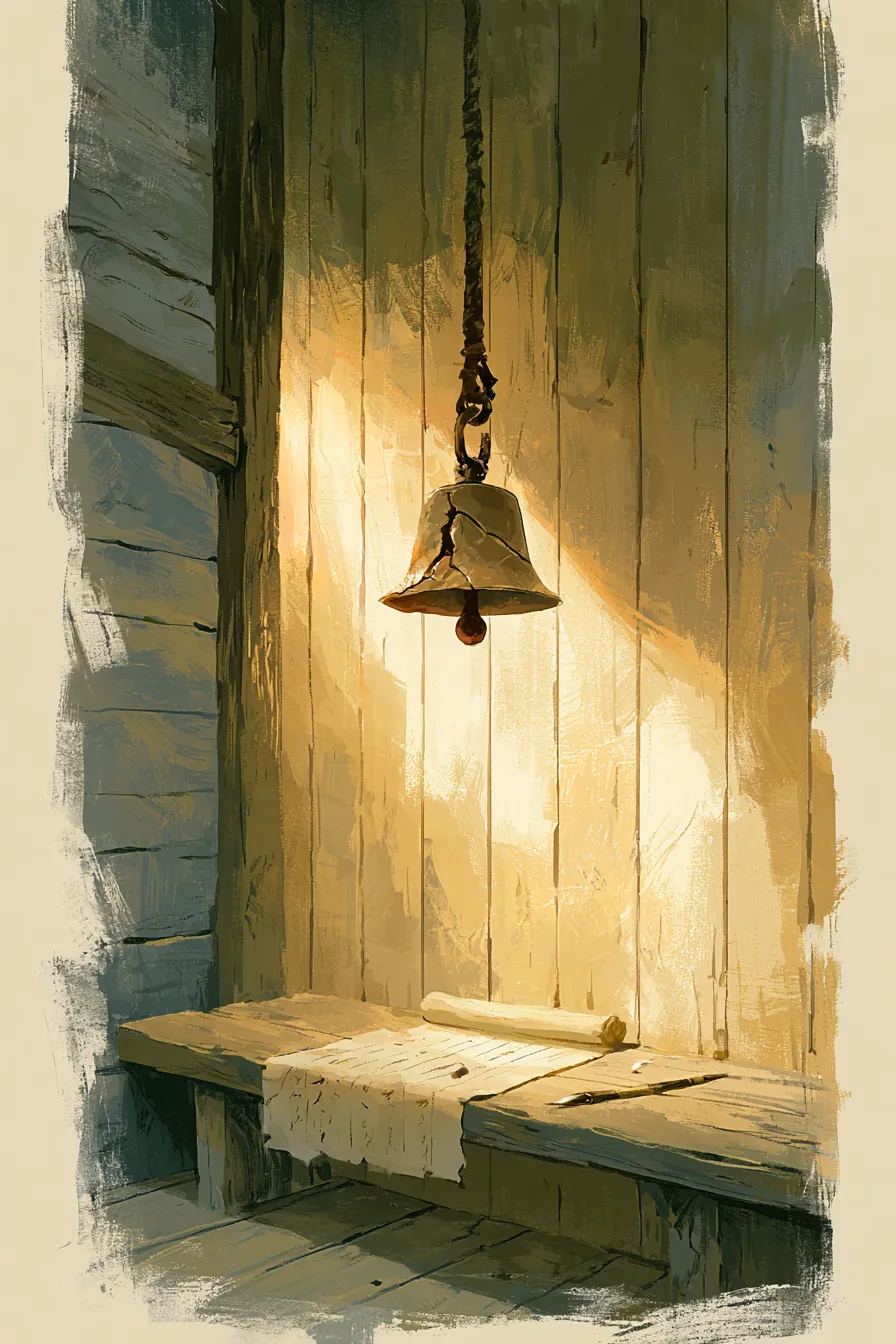 The Iron Tongue tuning chamber at the smith's south-wall shed at noon, pine boards and dry timber, a small cracked bronz