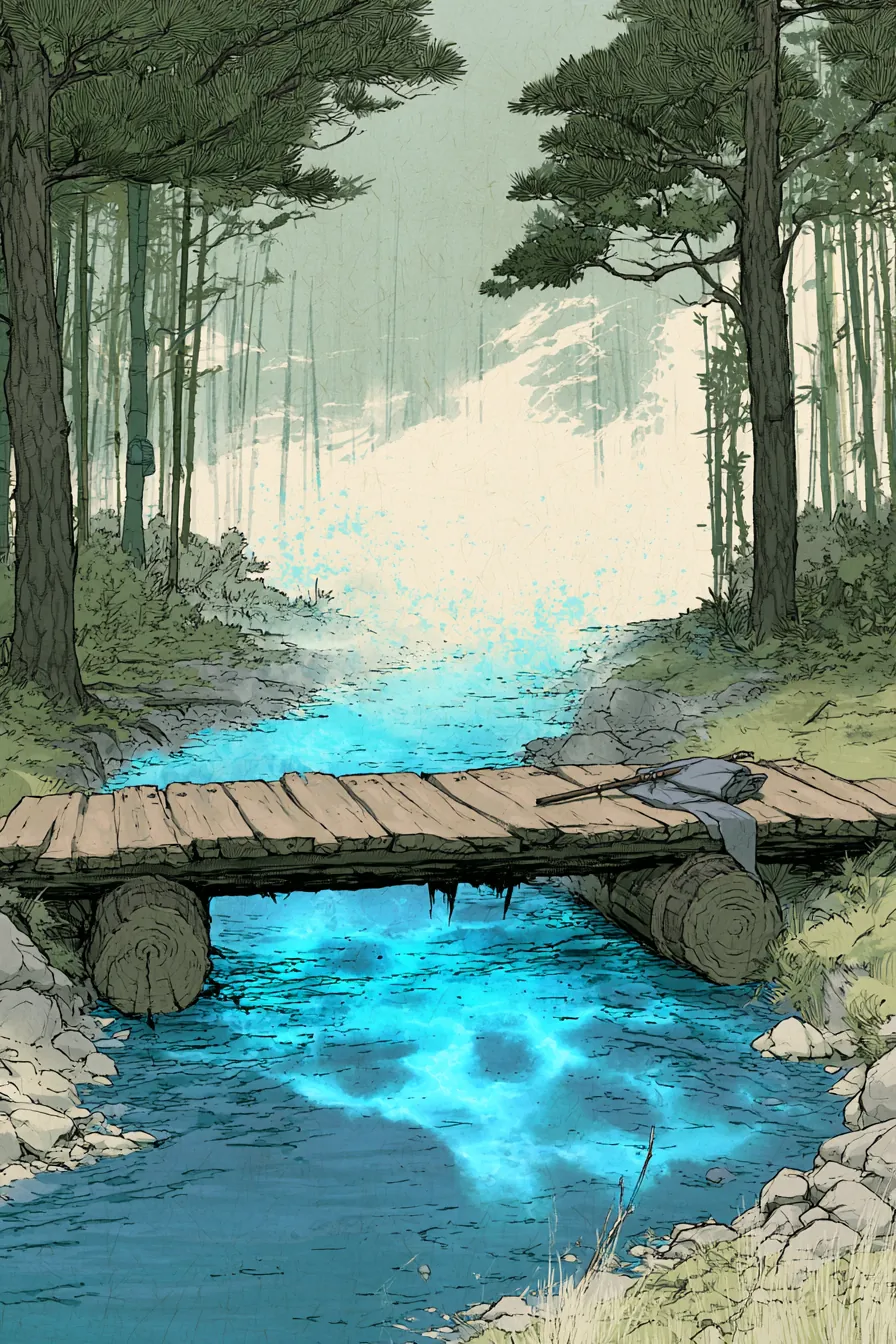 A three-log pine guild bridge over a narrow creek at seven-oh-two morning, dawn mist on the water, the bridge's planking