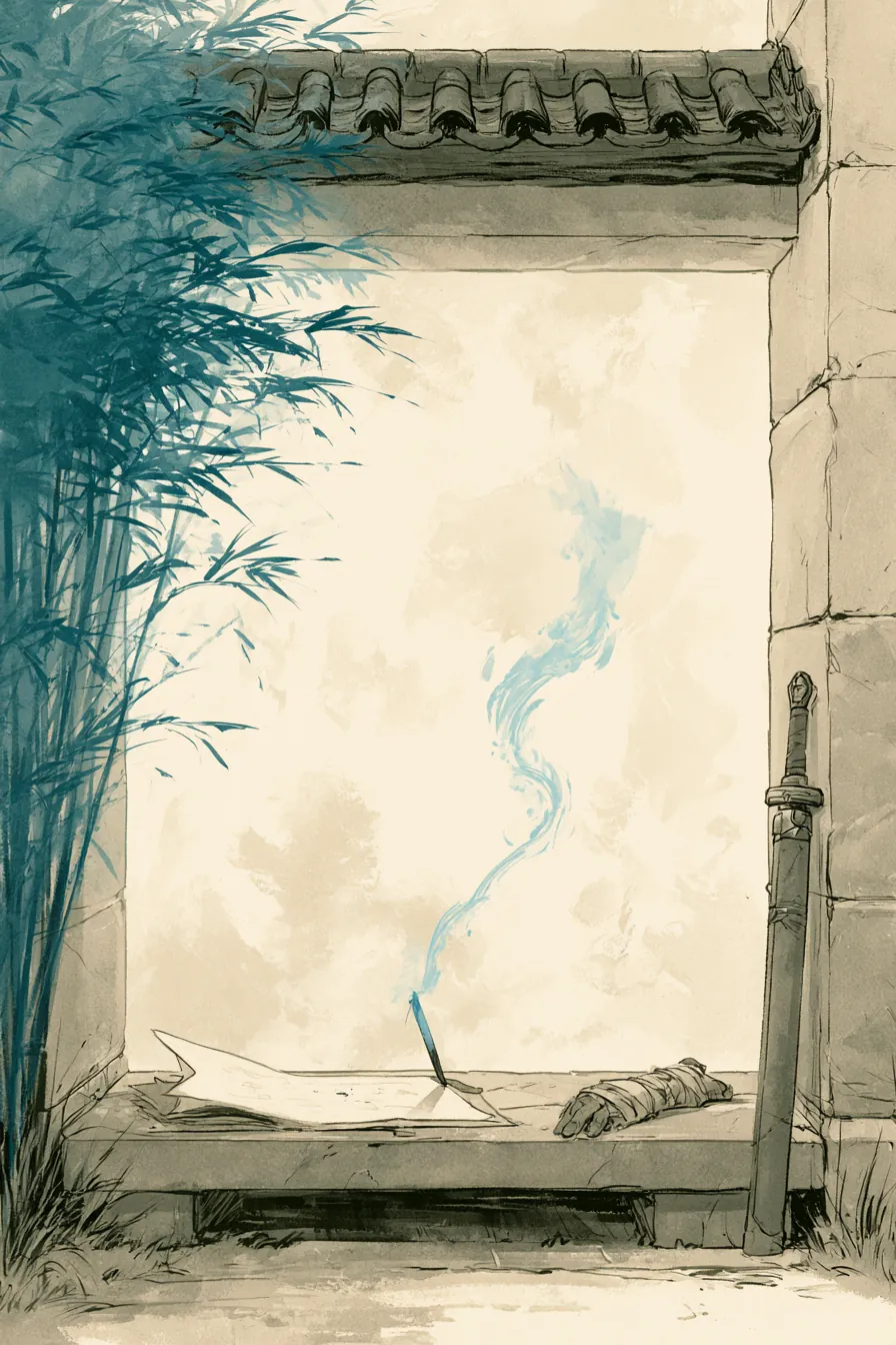Yan City gate at dawn, paper-cream sky behind a tile-capped wall, a folded page laid on a low stone bench with a brush h