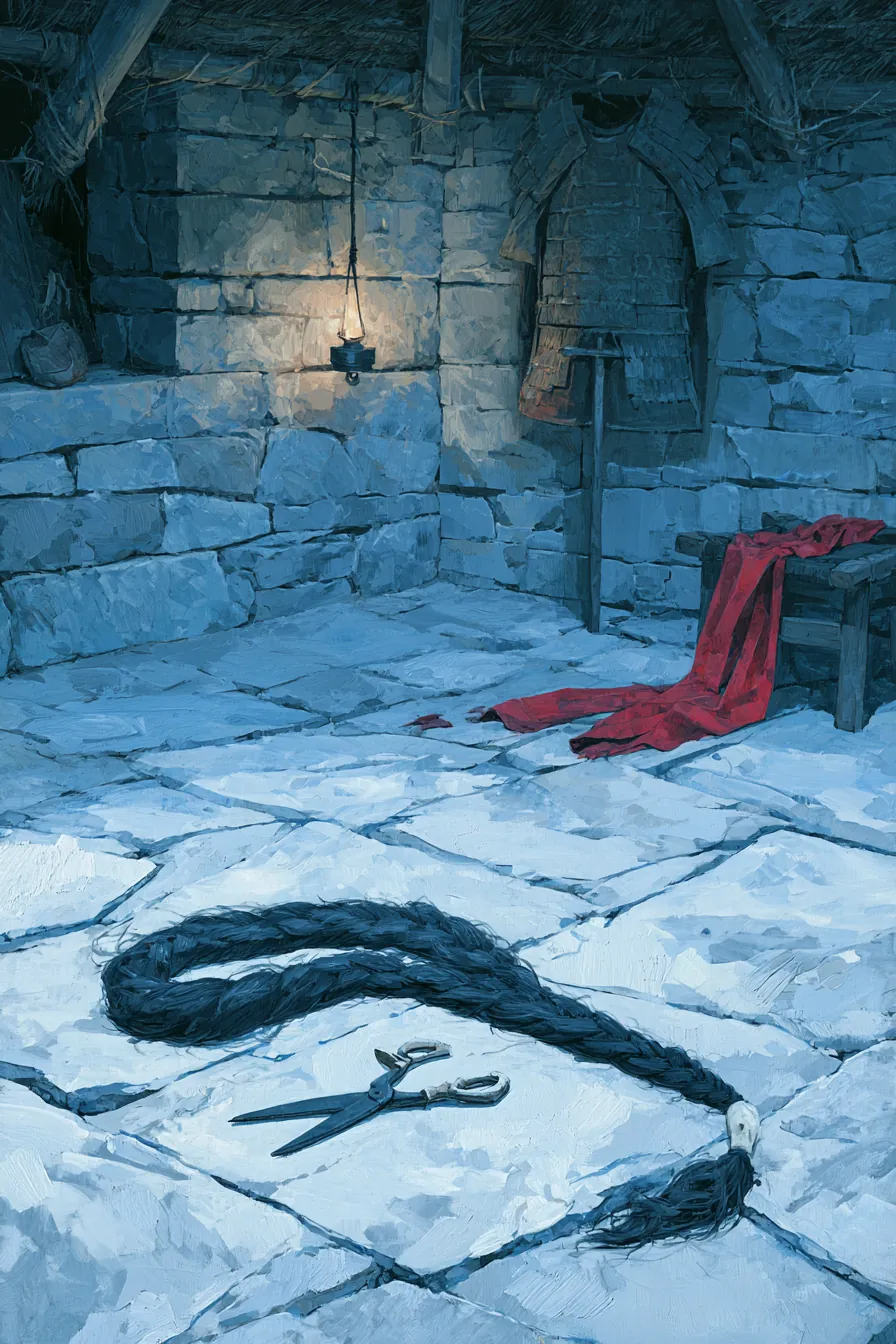 A pre-dawn kitchen flagstone floor — a heavy black braid coiled like a sleeping snake at the foot of an open bone-handle