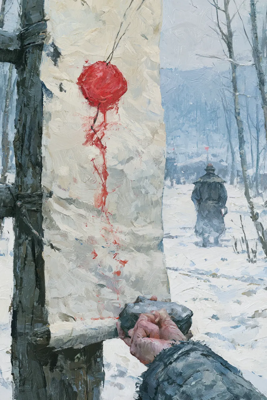 A village gate at grey morning — the imperial conscription scroll unrolled against a gatepost, its red wax seal cracked 