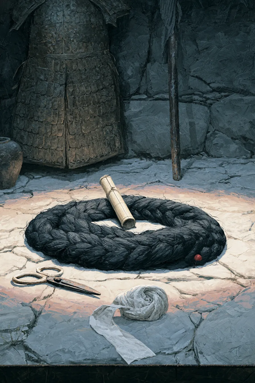 A pre-dawn kitchen flagstone floor — a heavy black braid coiled like a sleeping snake beside open bone-handled iron shea