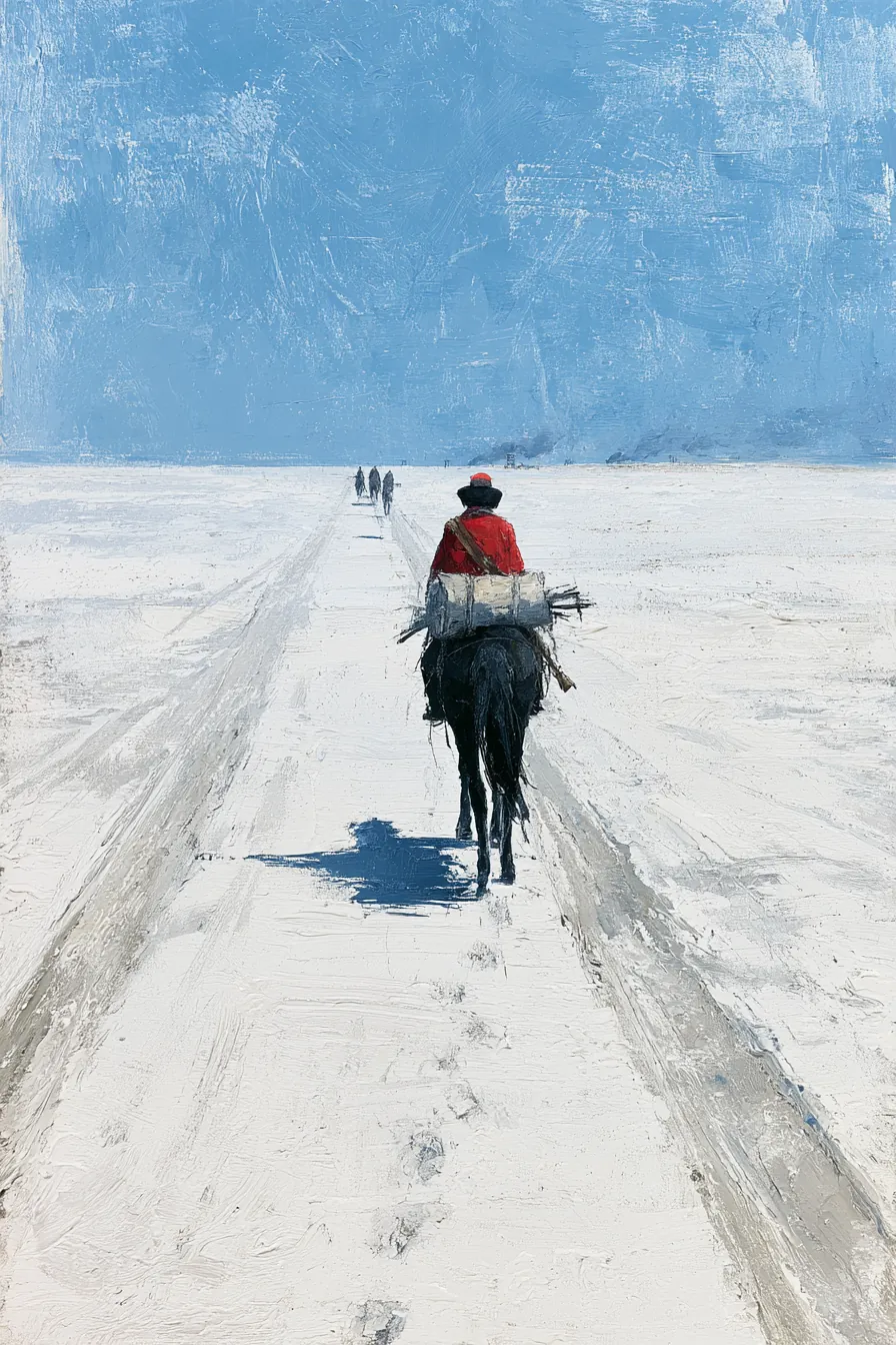 An empty road at midday — a bay mare's hoofprints pressed in pale dust between twin wheel-ruts, a soldier's bedroll and 