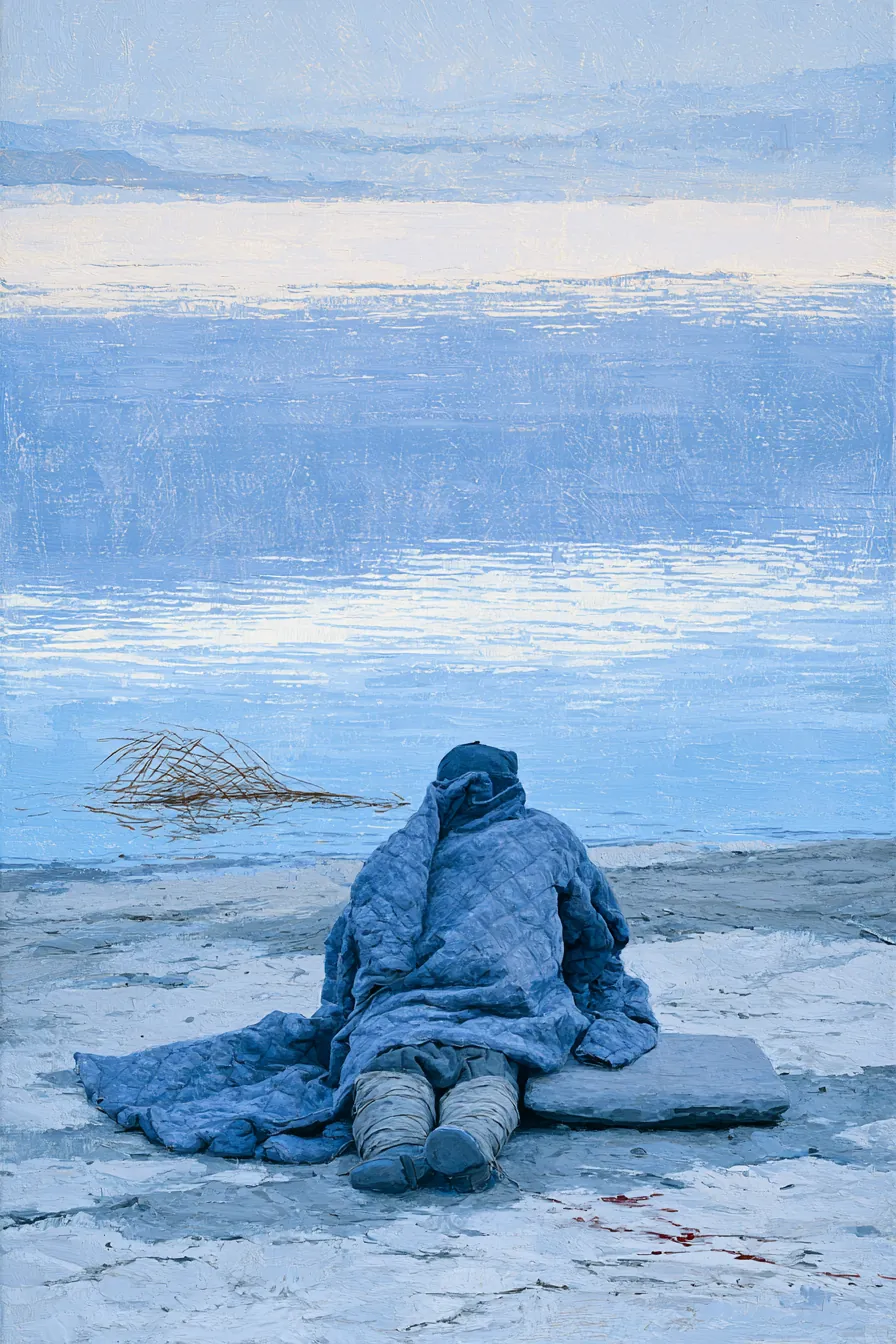 A grey river at first light — a soldier's quilted coat, boots, and bound leggings stacked in a neat column on the mudded