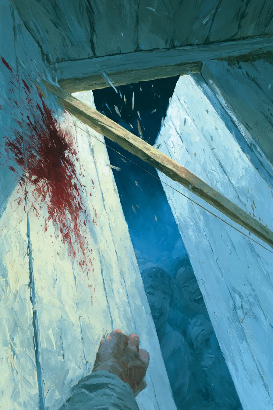The interior of a garrison latrine-block at dead of night — a wooden bow-stave broken clean across a low beam, splinters