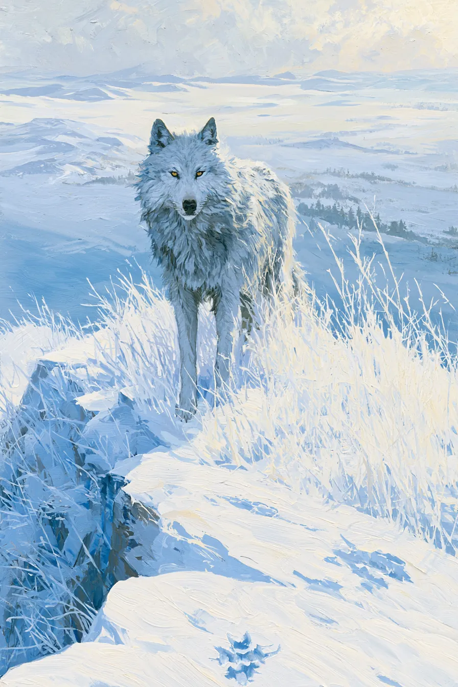 A white wolf alone on a snow ridge at dawn, ash-grey fur with bone-white guard hairs, yellow-rimmed eyes set on the view