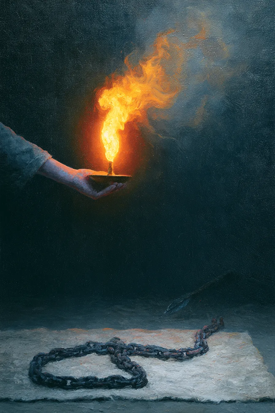 A lamp held at arm's length inside a felt tent, the flame bent toward the viewer in a sudden inward breath of wind, the 