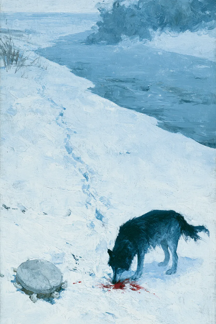 Blue snow at the edge of a frozen river in the Lower World — two sets of tracks meeting, a wolf's nose pressed to a smal