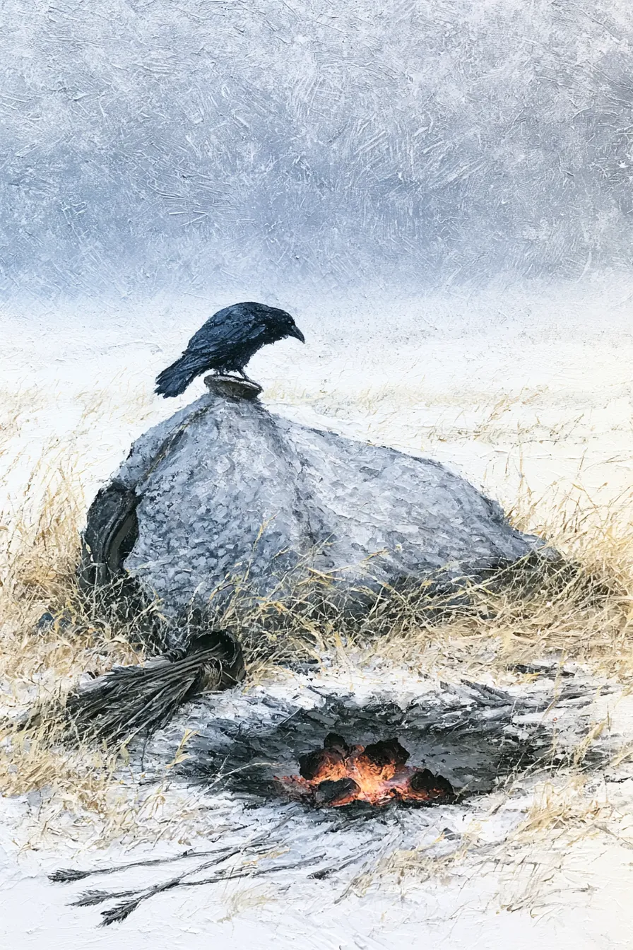 An empty dawn horse-camp after the raid — a Confederation felt saddle-cloth crumpled in trampled yellow grass, a boy's q