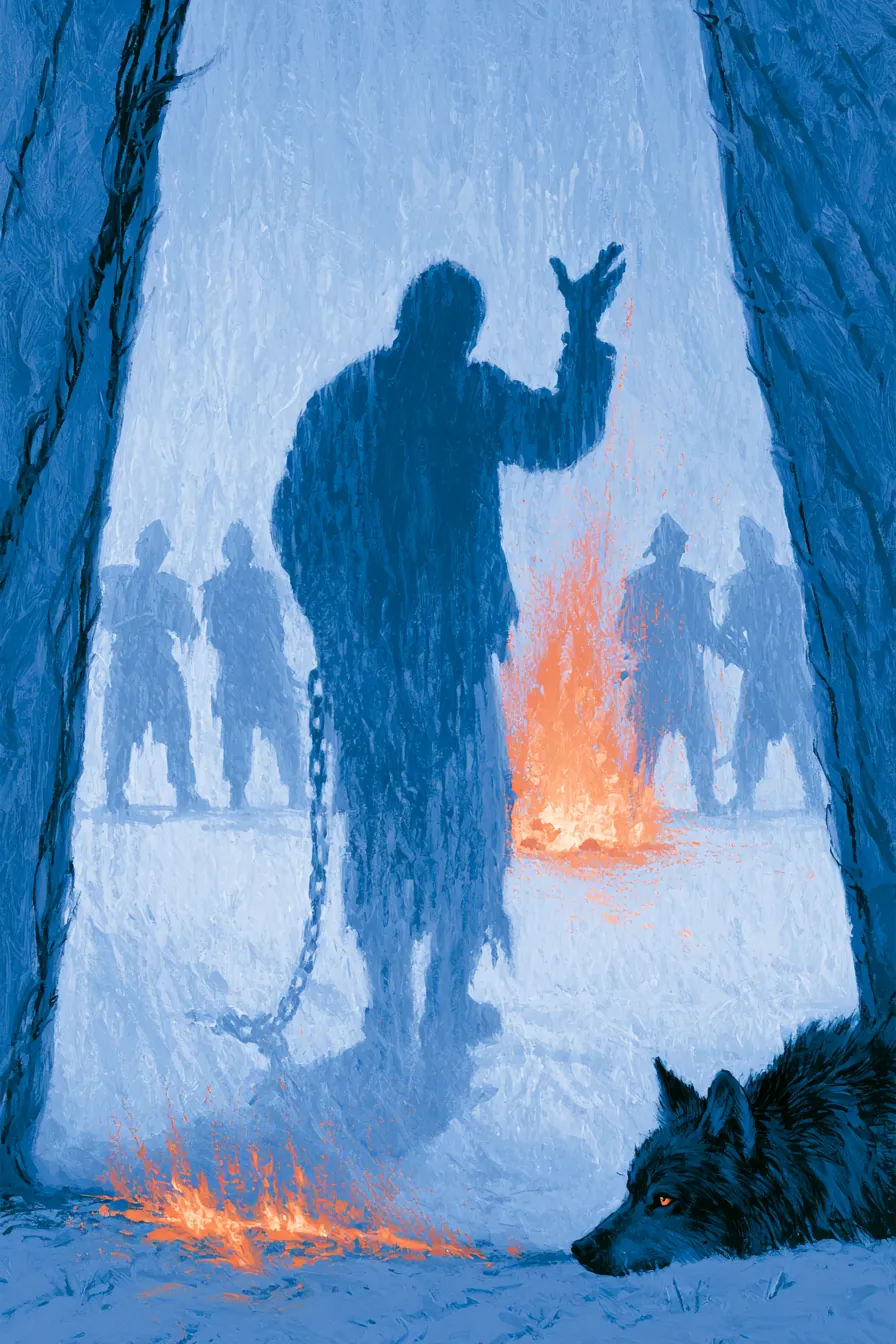 A felt tent wall seen from outside at dusk — the silhouette of a chained man visible through the translucent wall, one h
