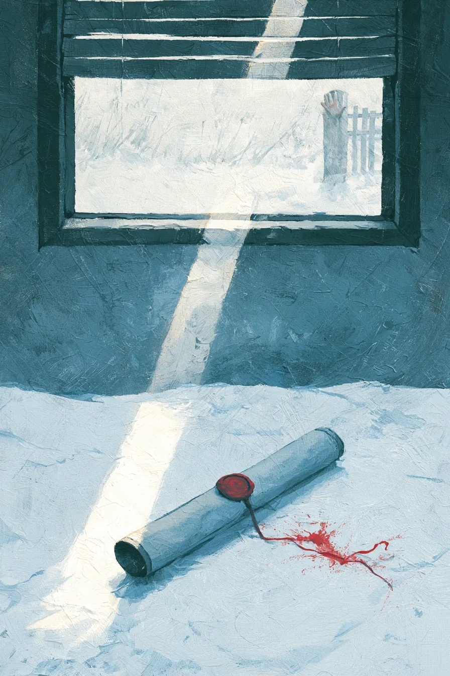 A closed lacquered document-tube lying on the floor of a moving wagon, the Bureau's cinnabar seal intact but the outer c