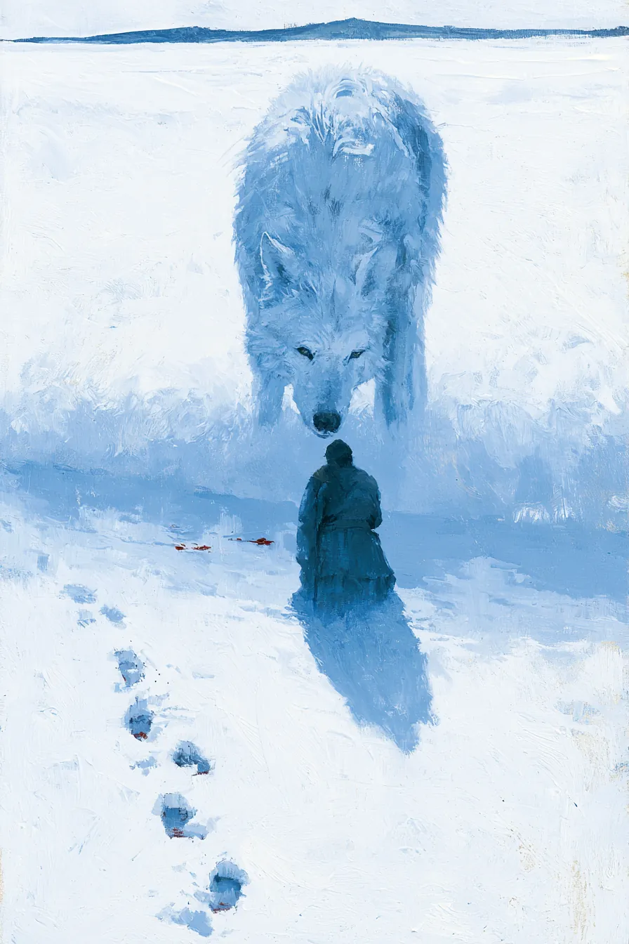 A frozen river crossing at the edge of the Lower World — two bare footprints in blue snow leading to a low bank of ice-f