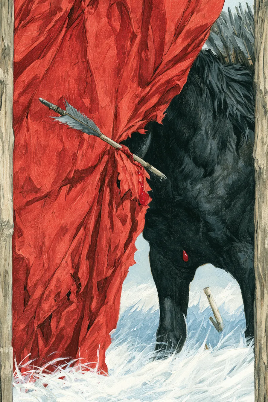 A grey-fletched steppe arrow caught mid-flight against a wagon's drawn cinnabar-red silk curtain, the curtain torn open 