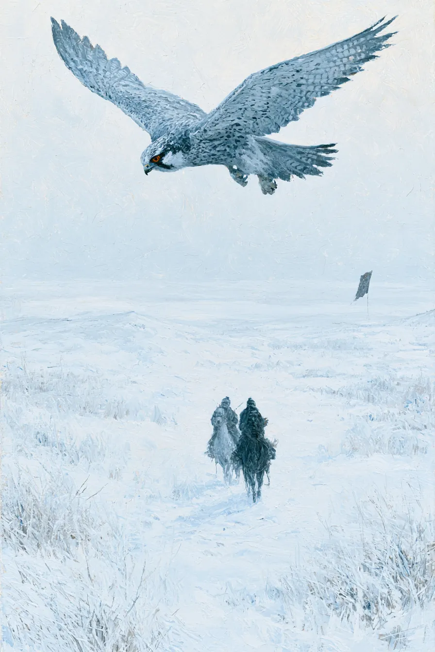 Open white grass under a pale winter sun — a saker falcon banking hard above two mounted figures, feathers ruffled wrong