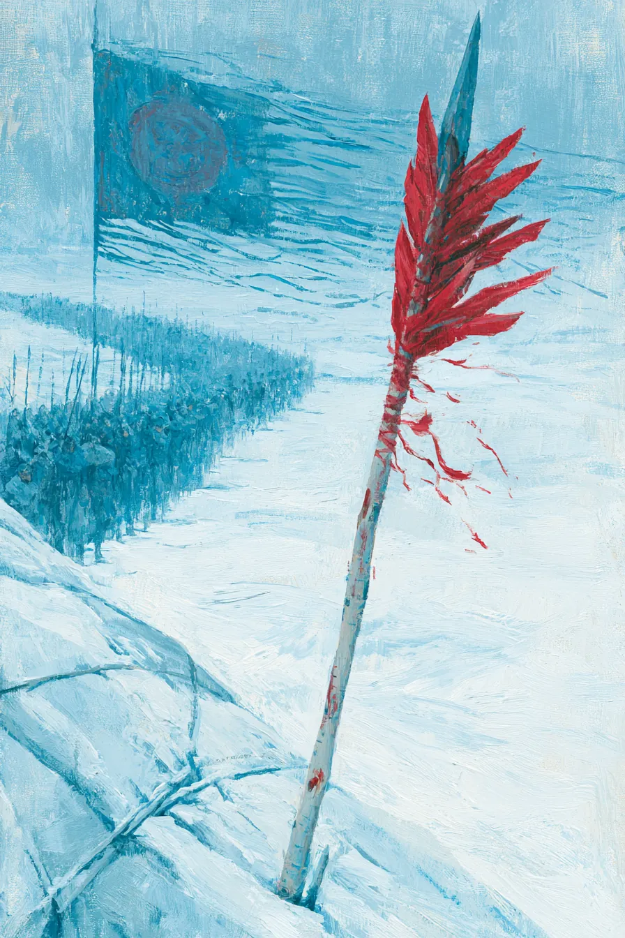 A birch war-arrow stood upright at the painted post of a central pavilion, fletched with seven red clan feathers, three 