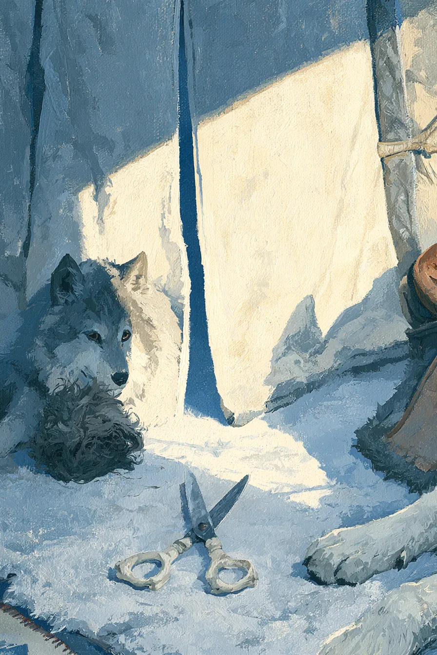 A pair of bone-handled iron shears laid open on grey felt at the lee of a door-flap, neither closed nor closing, a coil 